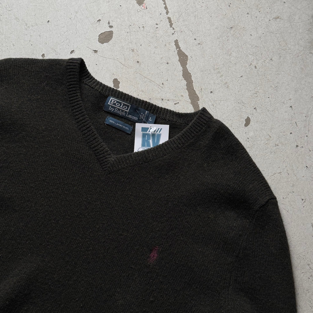 Polo Ralph Lauren striktrøje vintage mørkegrøn lammeuld L