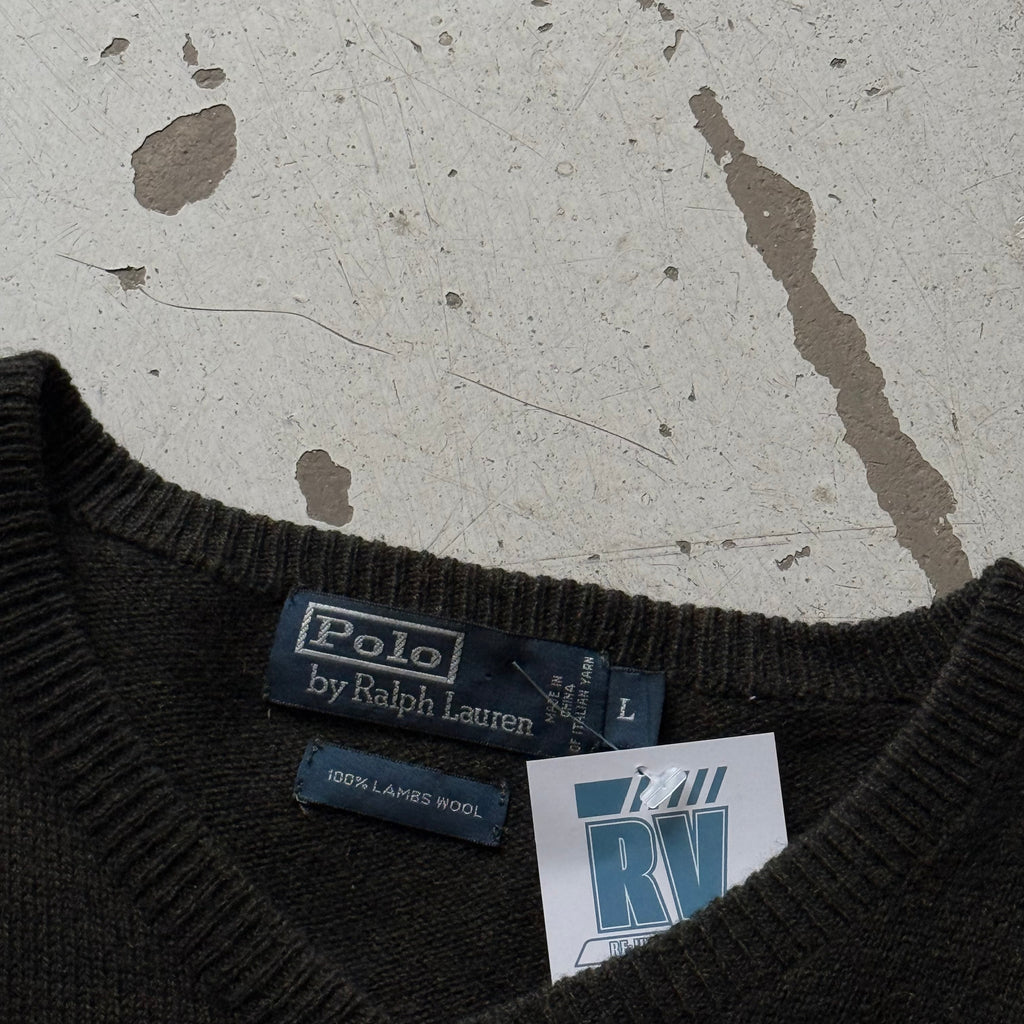 Polo Ralph Lauren striktrøje vintage mørkegrøn lammeuld L