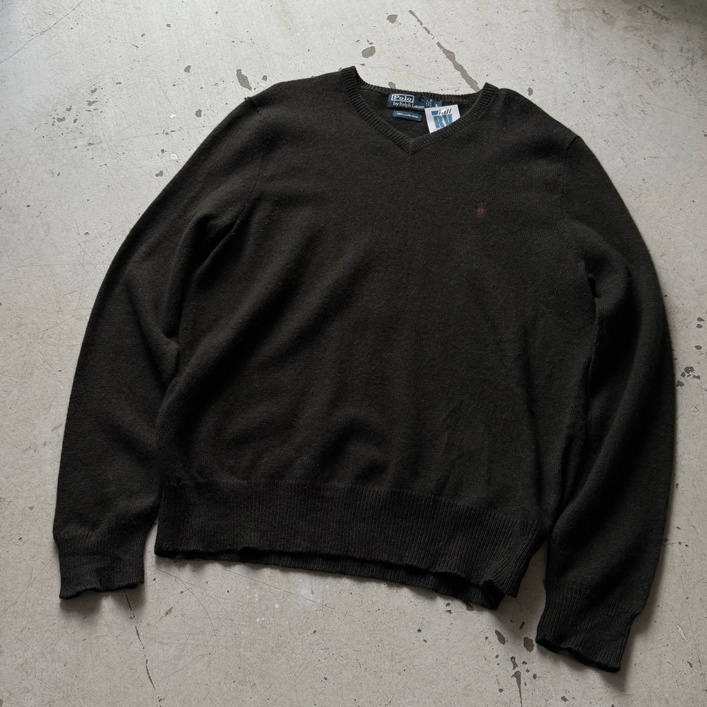 Polo Ralph Lauren striktrøje vintage mørkegrøn lammeuld L