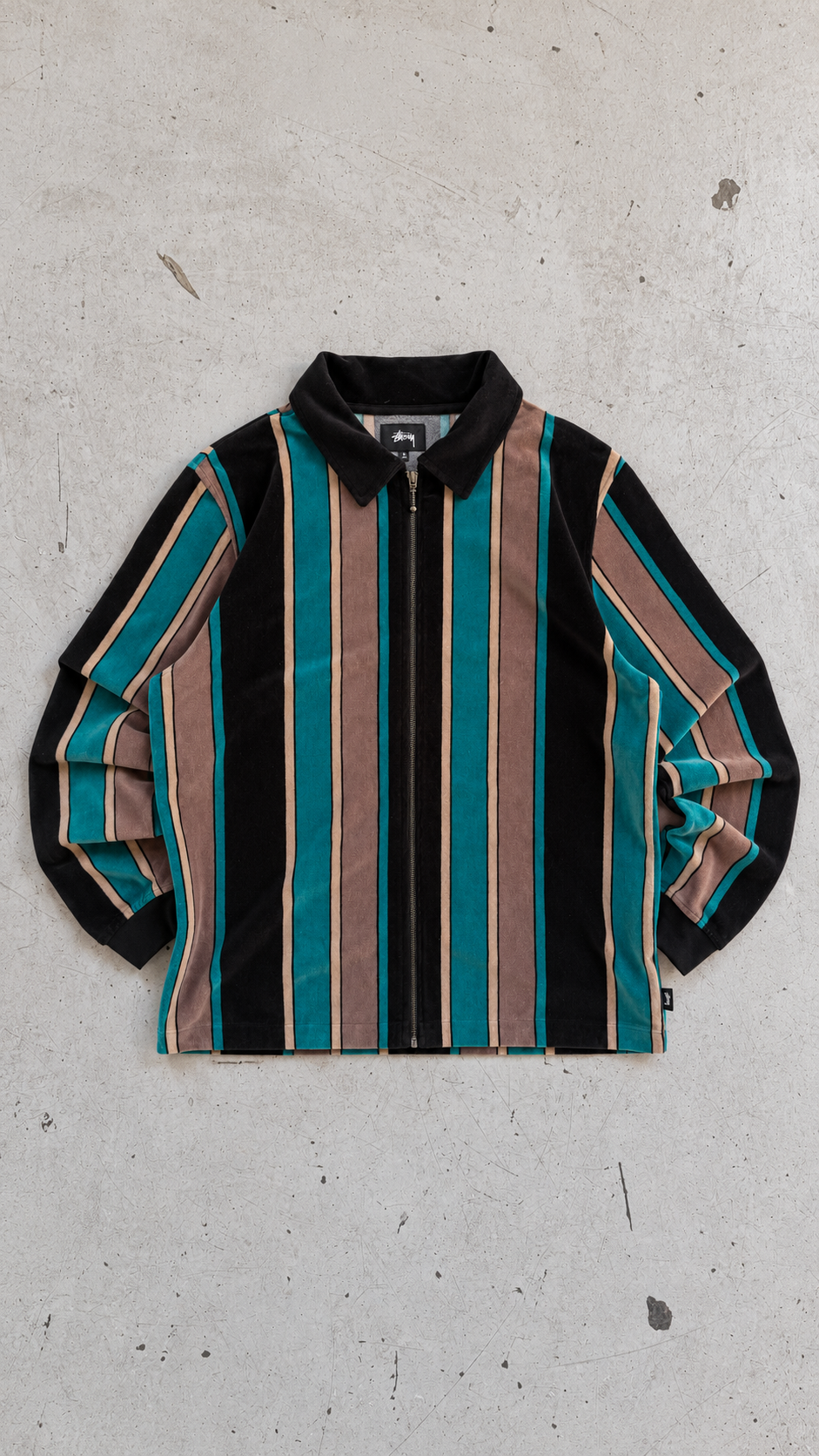 Stüssy | Stribet Zip-Up Polo | Sort / Turkis / Brun | M