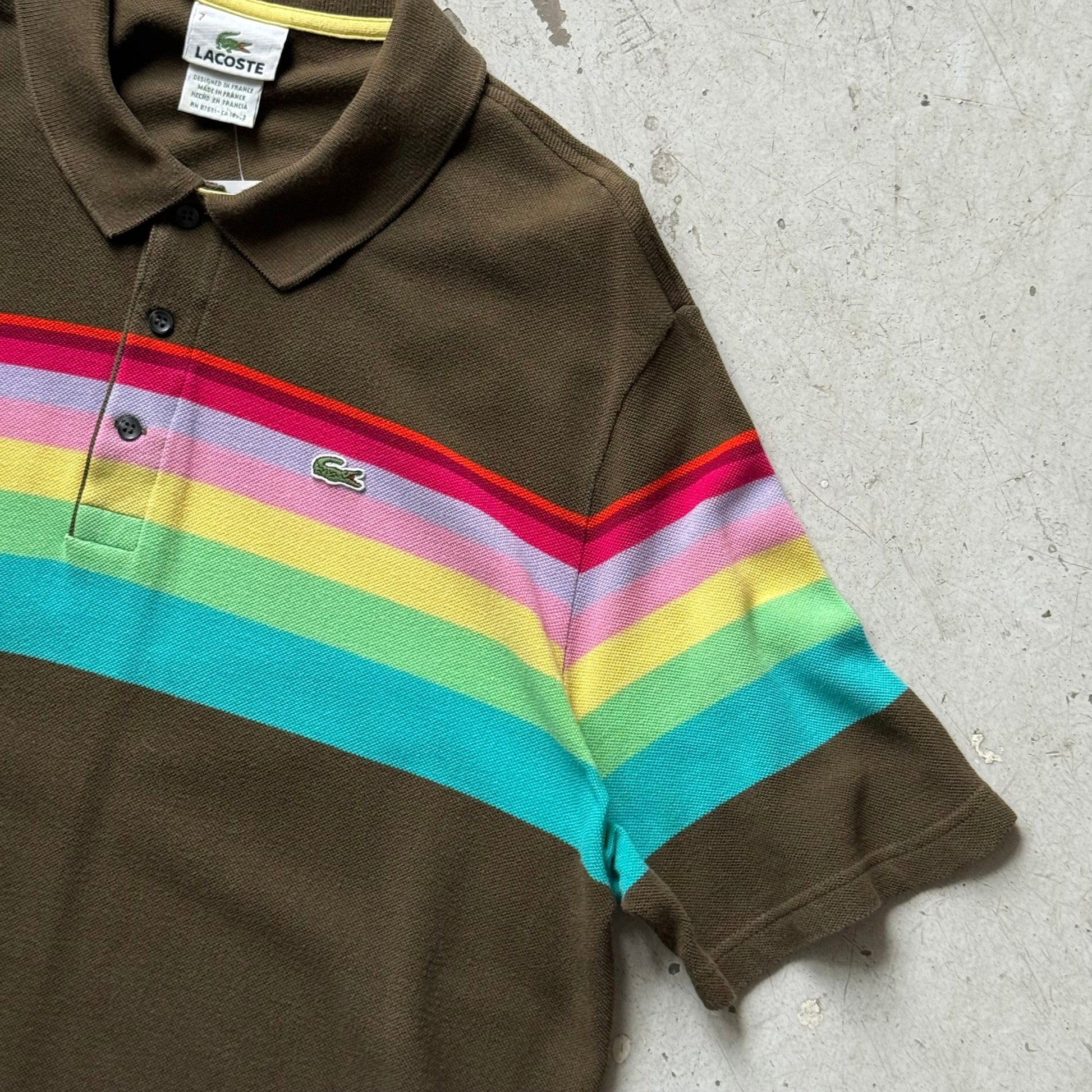 Lacoste Polo – Regnbue Stripes – Str. XL – Brun m. Farver - Re:Junk Vintage