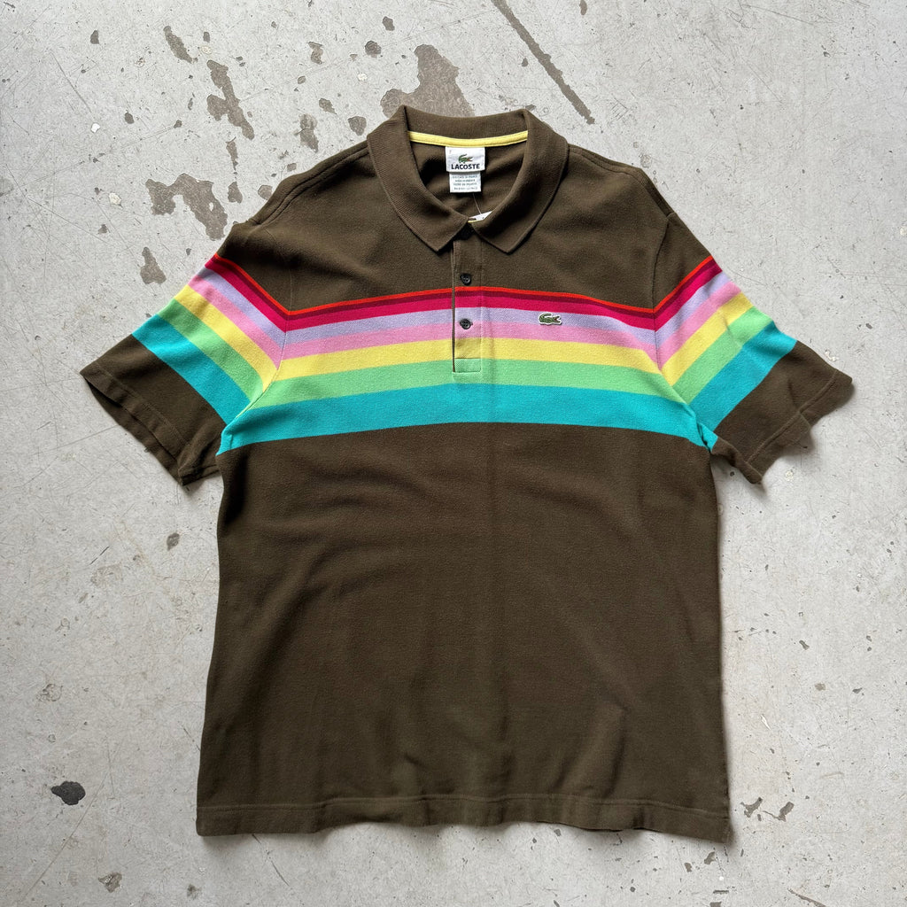 Lacoste Polo – Regnbue Stripes – Str. XL – Brun m. Farver - Re:Junk Vintage