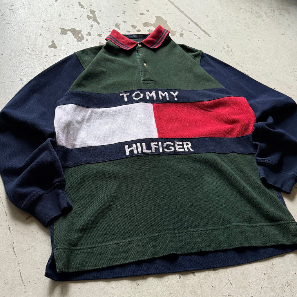Tommy Hilfiger rugby polo vintage langærmet – navy/grøn/rød – S/M - Re:Junk Vintage