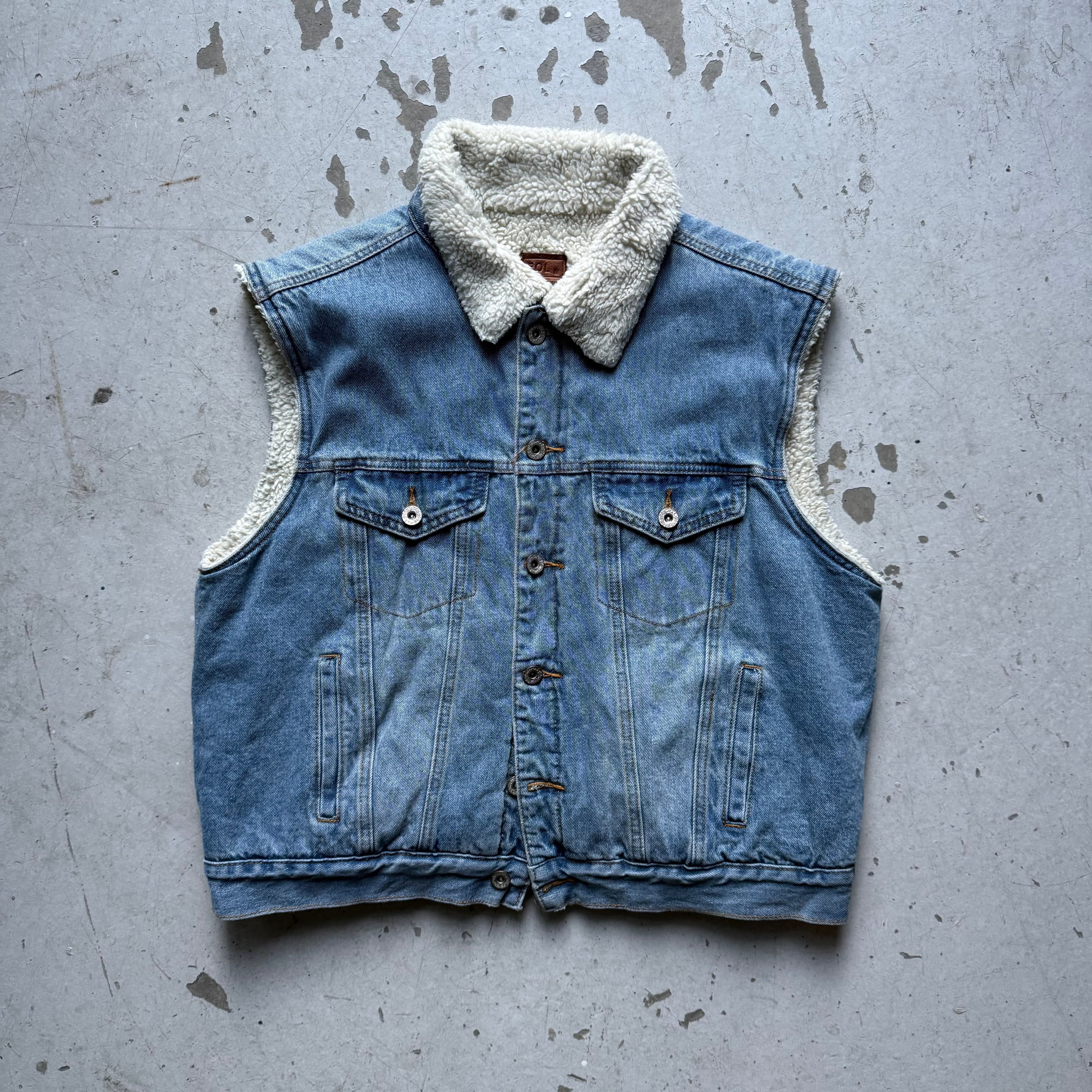 Vintage Denim Sherpa Vest – Lyseblå (M)